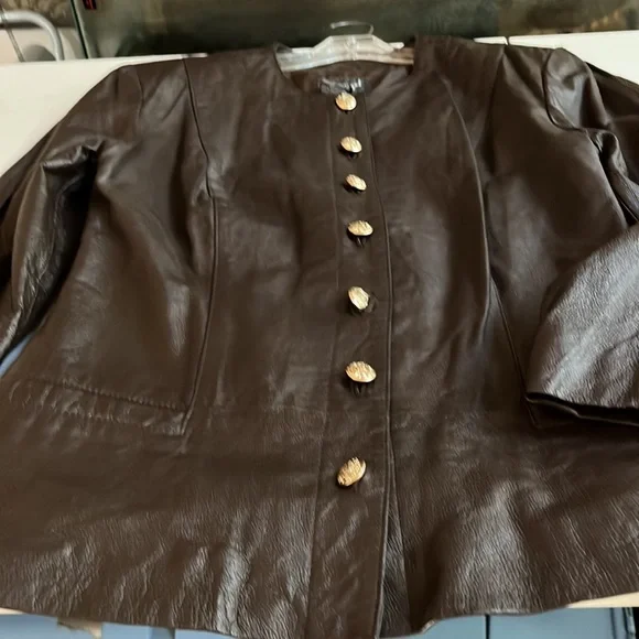 Spiegal size 14 brown leather jacket gold buttons pockets - Picture 6 of 12